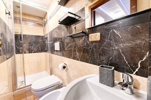 Shower, hair dryer, bidet, towels