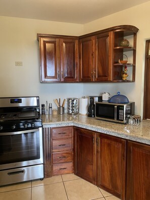 A kitchen with wooden cabinets, stainless steel appliances, and a granite countertop.