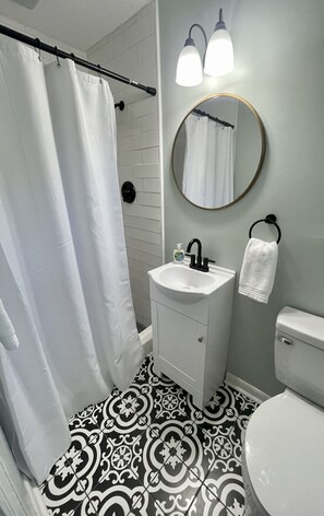 Sèche-cheveux, serviettes fournies, savon, papier toilette