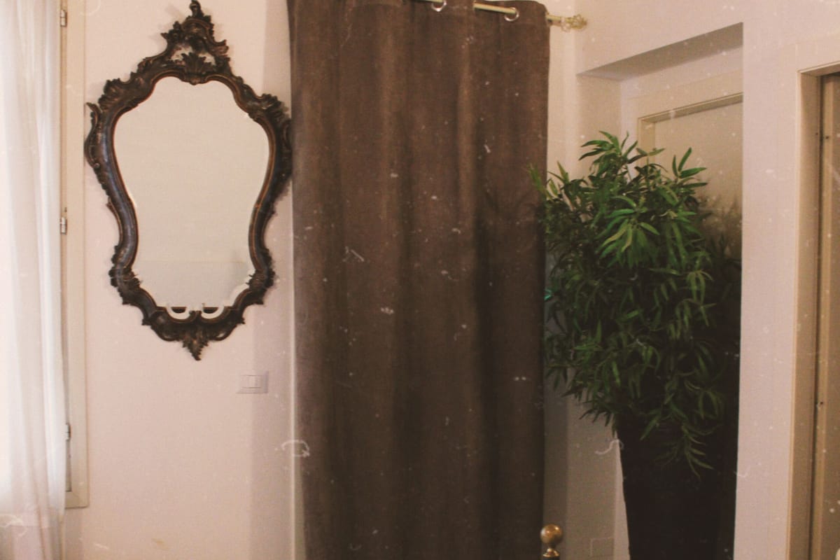 A bedroom with a floral bedspread, a mirror, a curtain, a plant, and a door.