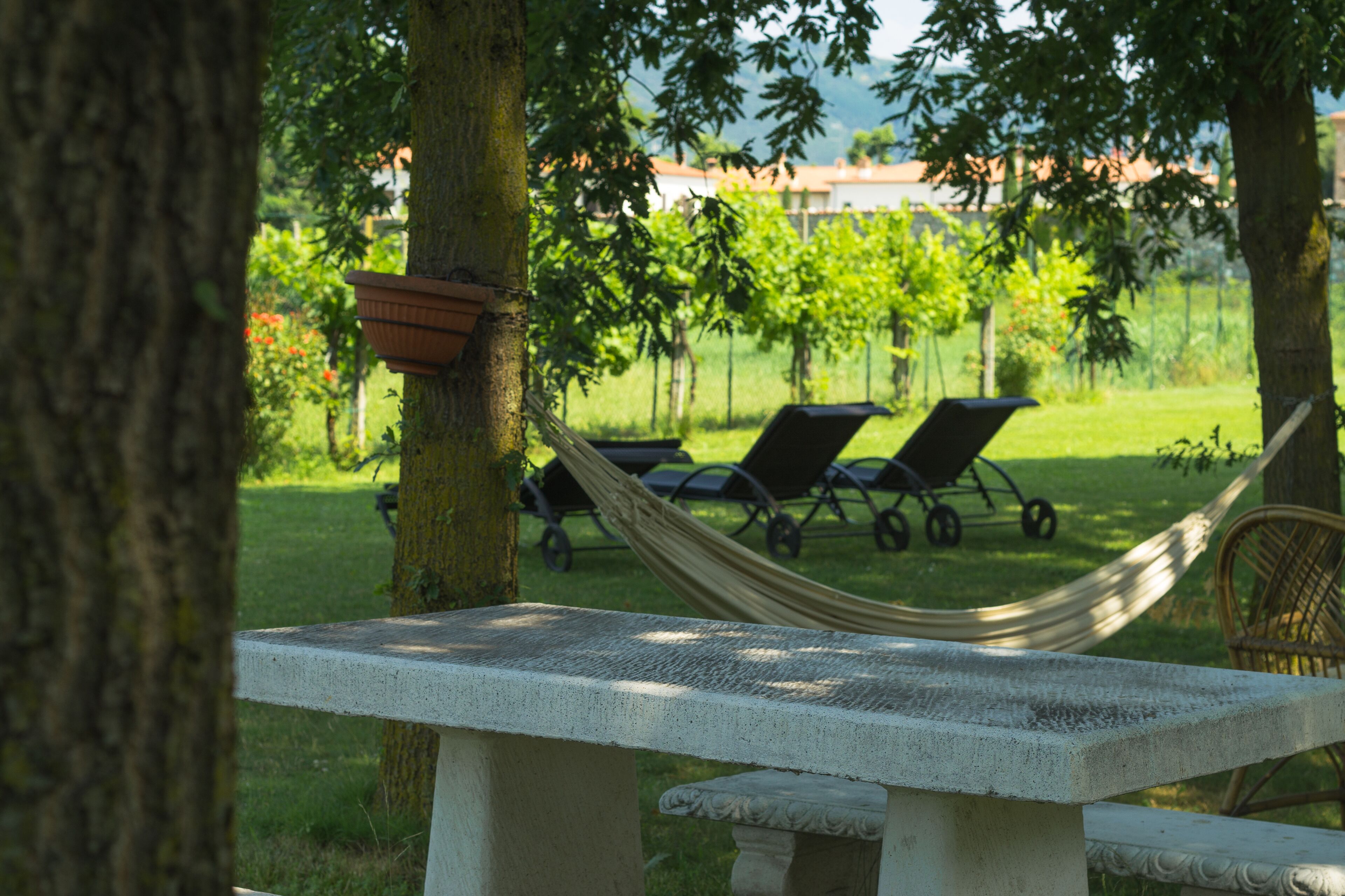 Een tuin met een stenen bankje, een hangmat en een kinderwagen op de achtergrond.
