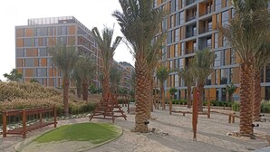 A modern outdoor area with palm trees, a wooden swing set, and a sandy path.