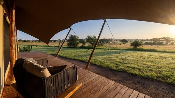A wooden deck with a swing chair and a view of a grassy field.