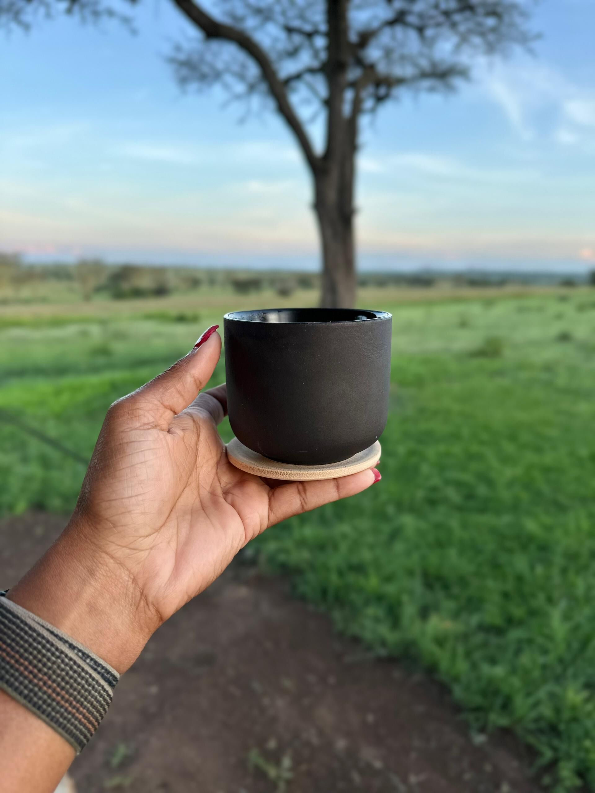 A hand holding a black mug with a coaster, set against a backdrop of a tree and a grassy field.