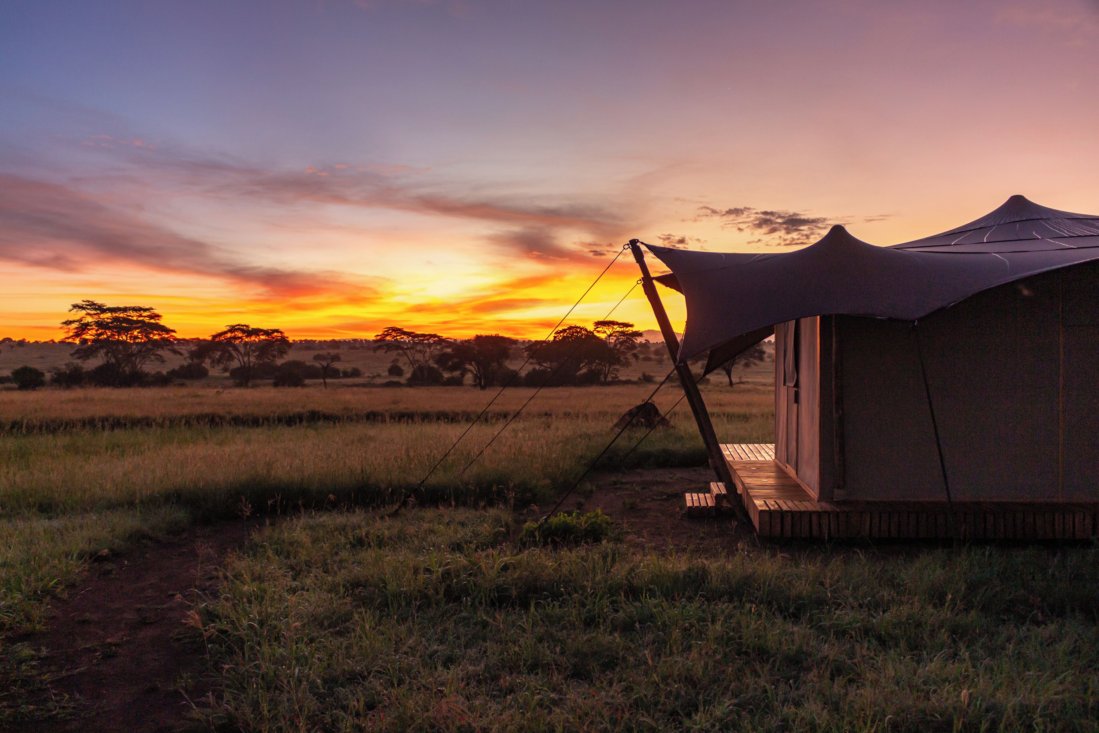 Alojamento em tenda com vista para um pôr do sol sobre um campo gramado.