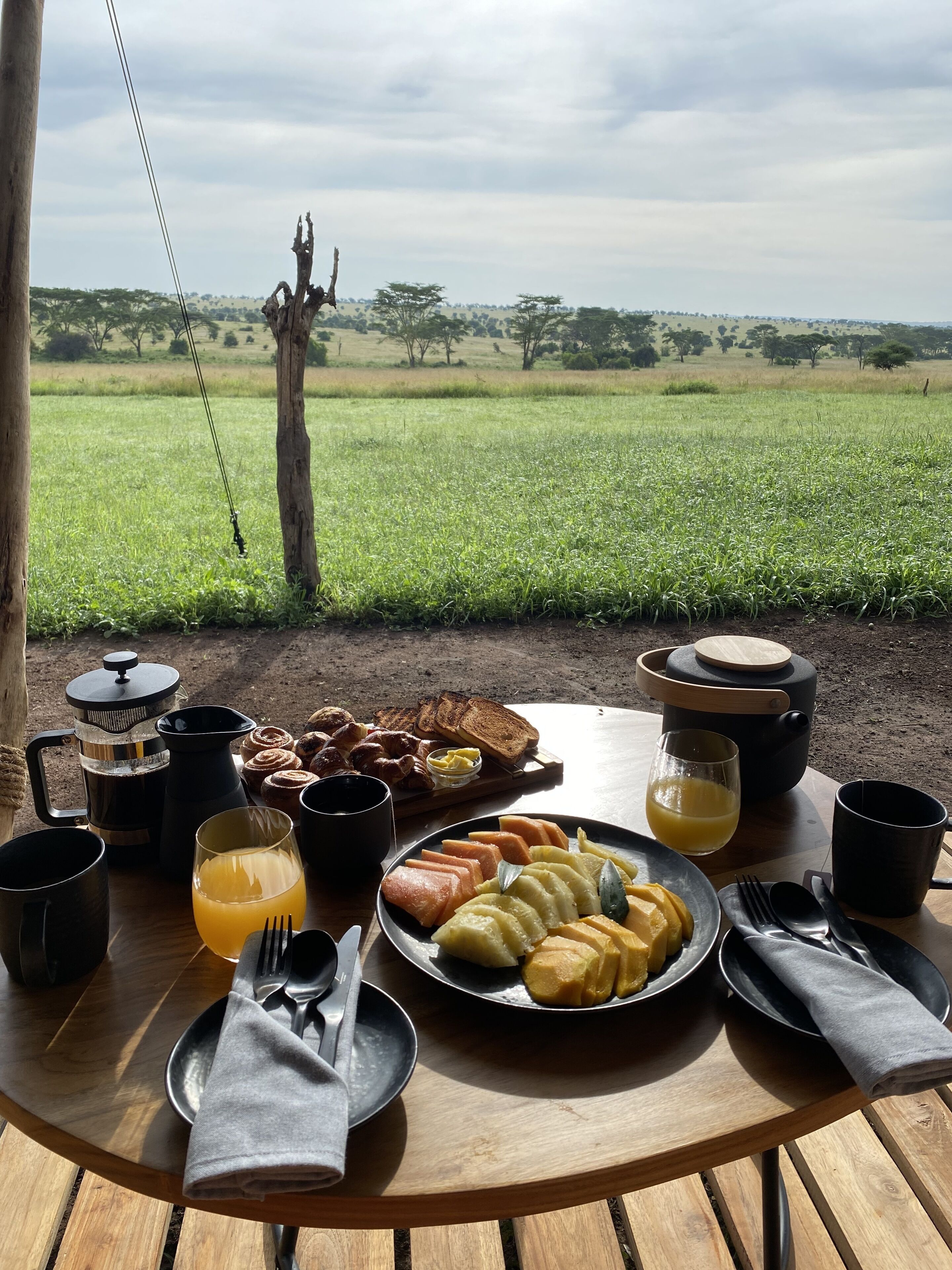 Una mesa de desayuno con vista a un campo cubierto de hierba y árboles.