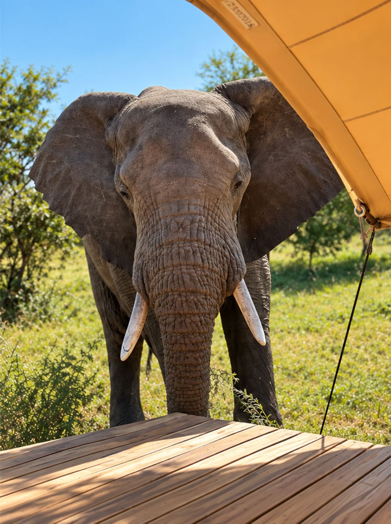 Un elefante de pie sobre una terraza de madera con un cielo despejado al fondo.