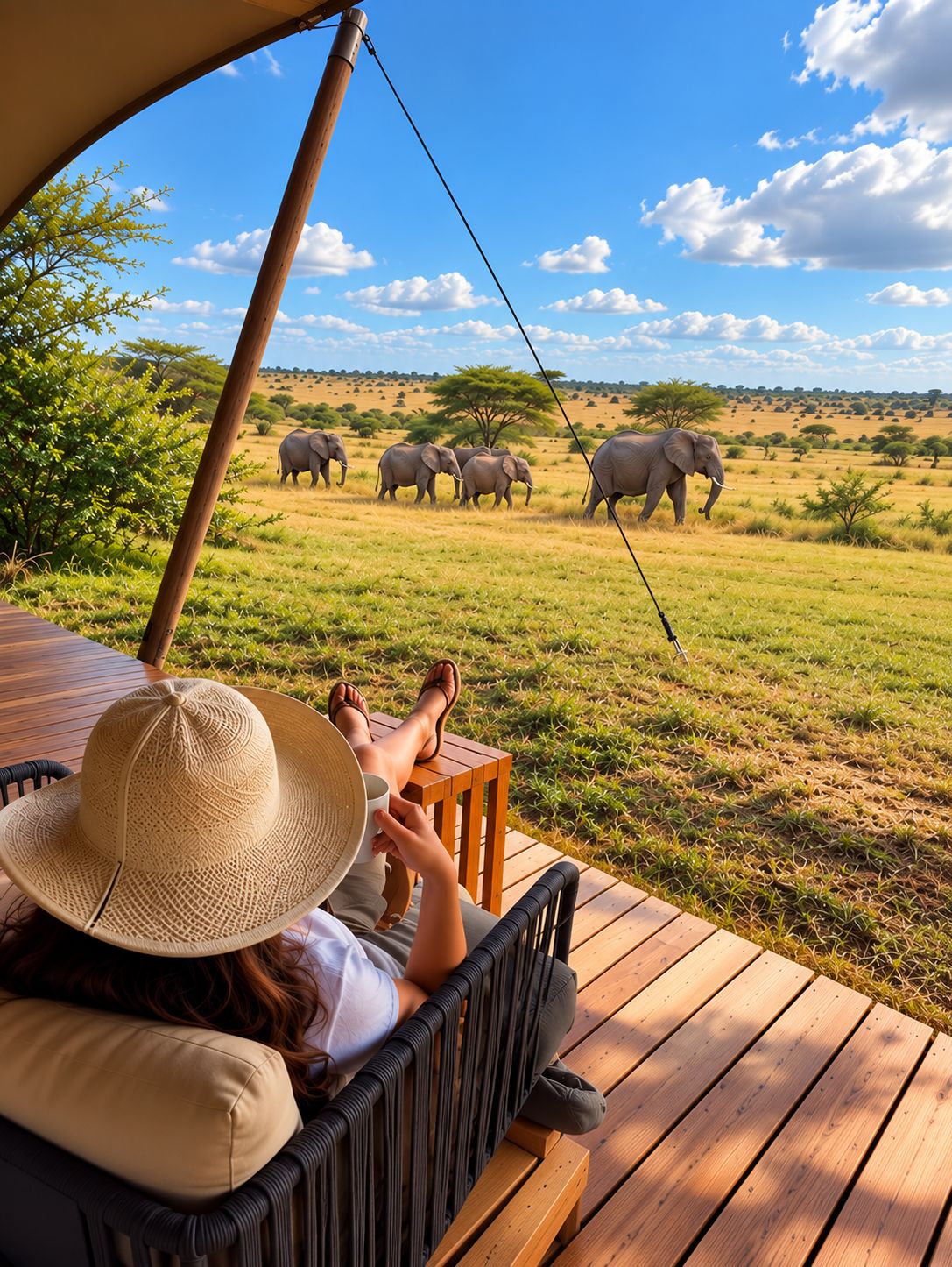 A person relaxing on a wooden deck with a view of elephants in a grassy savannah.