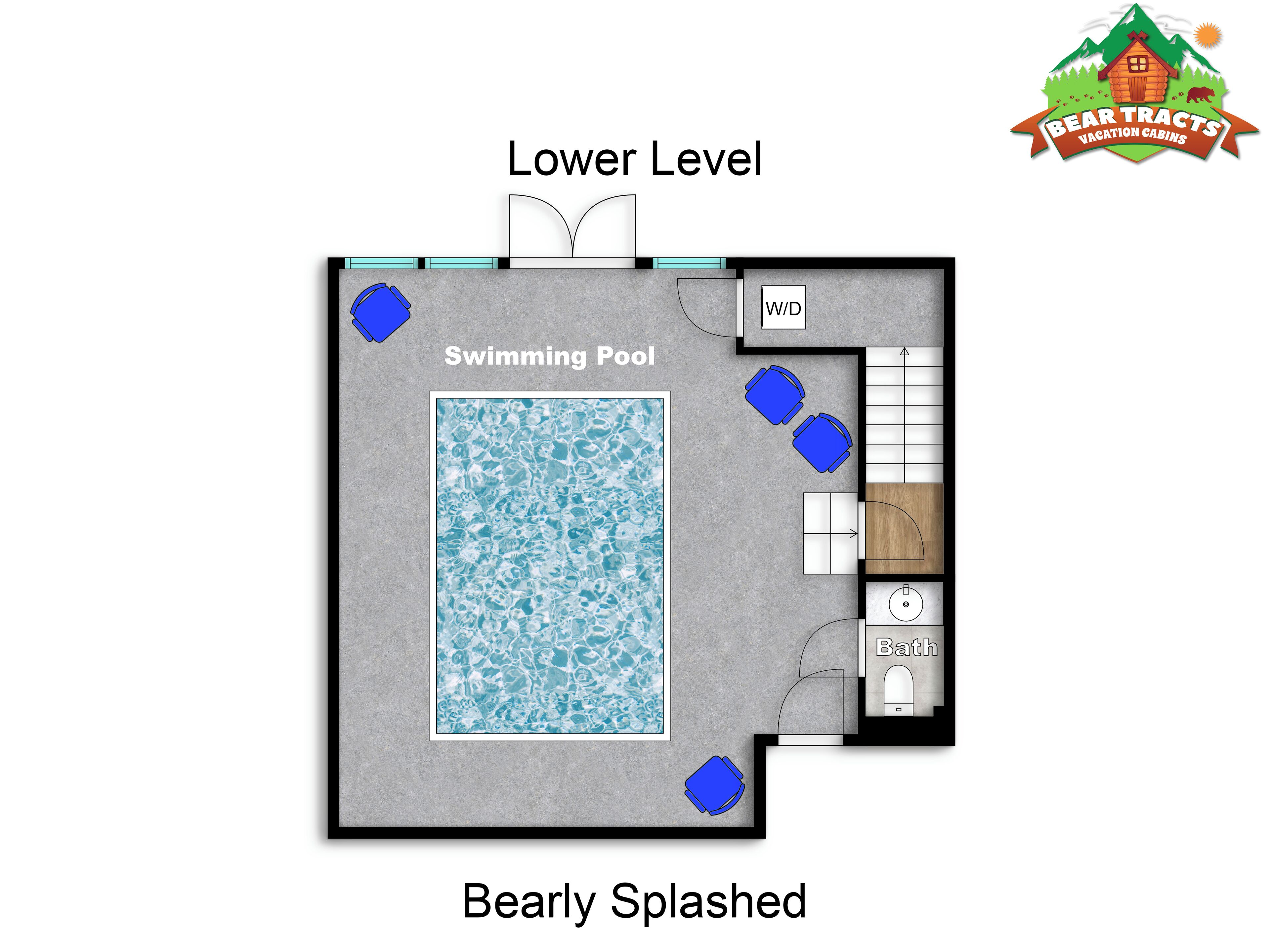 A floor plan of a cabin with a swimming pool, a W/D room, a bath, and a kitchen.