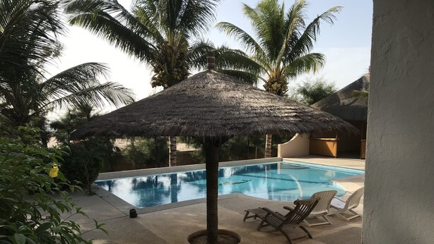 A pool area with a thatched umbrella, lounge chairs, and palm trees.