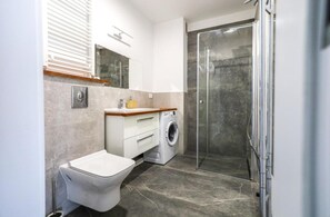 Chuveiro, secador de cabelo, toalhas de banho, papel higiênico