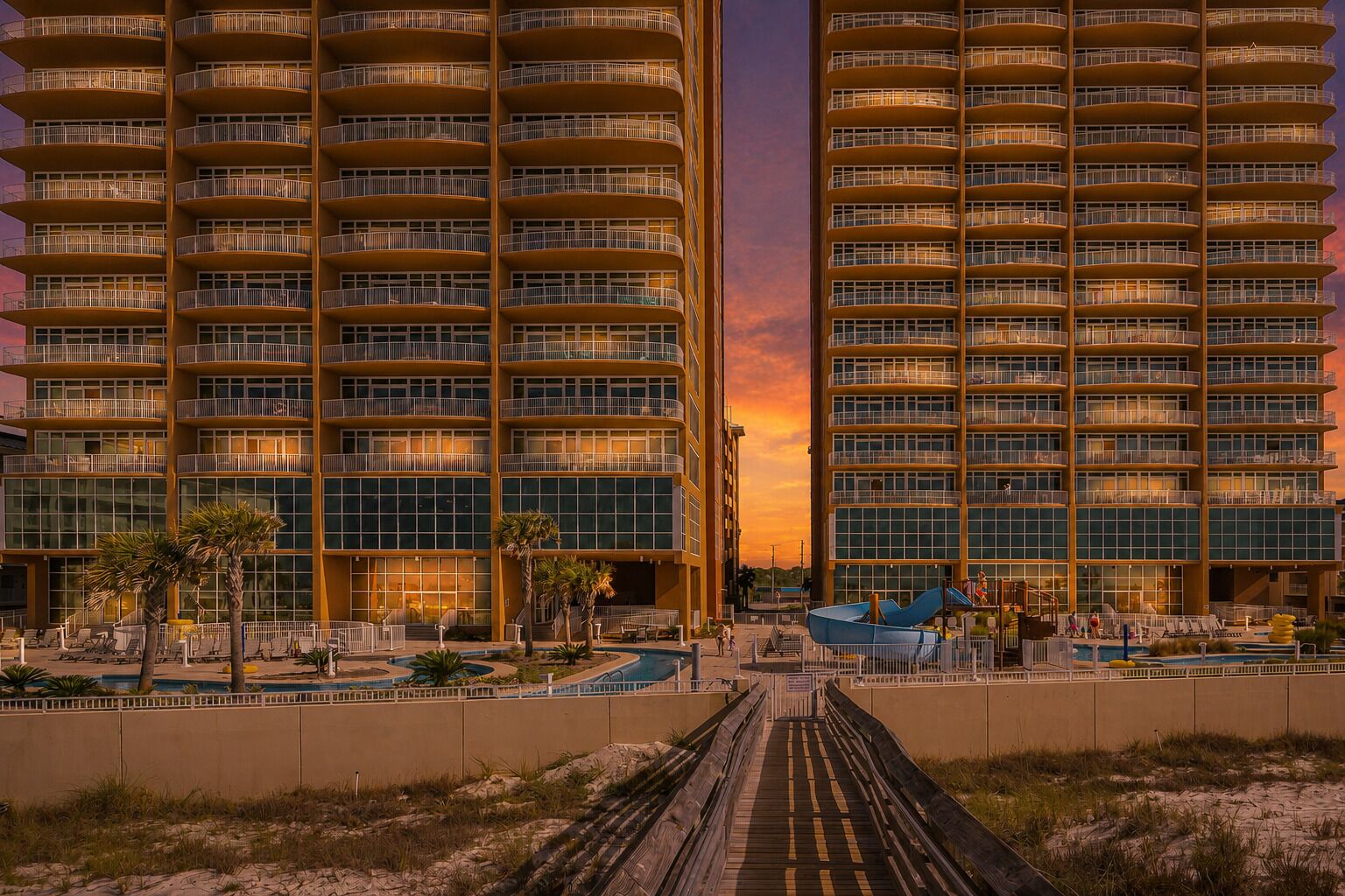 A high-rise hotel with multiple balconies, a swimming pool, and a boardwalk leading to a beach.
