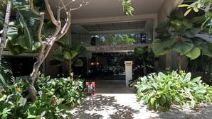 A hotel entrance with a sign reading "The Windsor," surrounded by lush greenery and a tiled walkway.