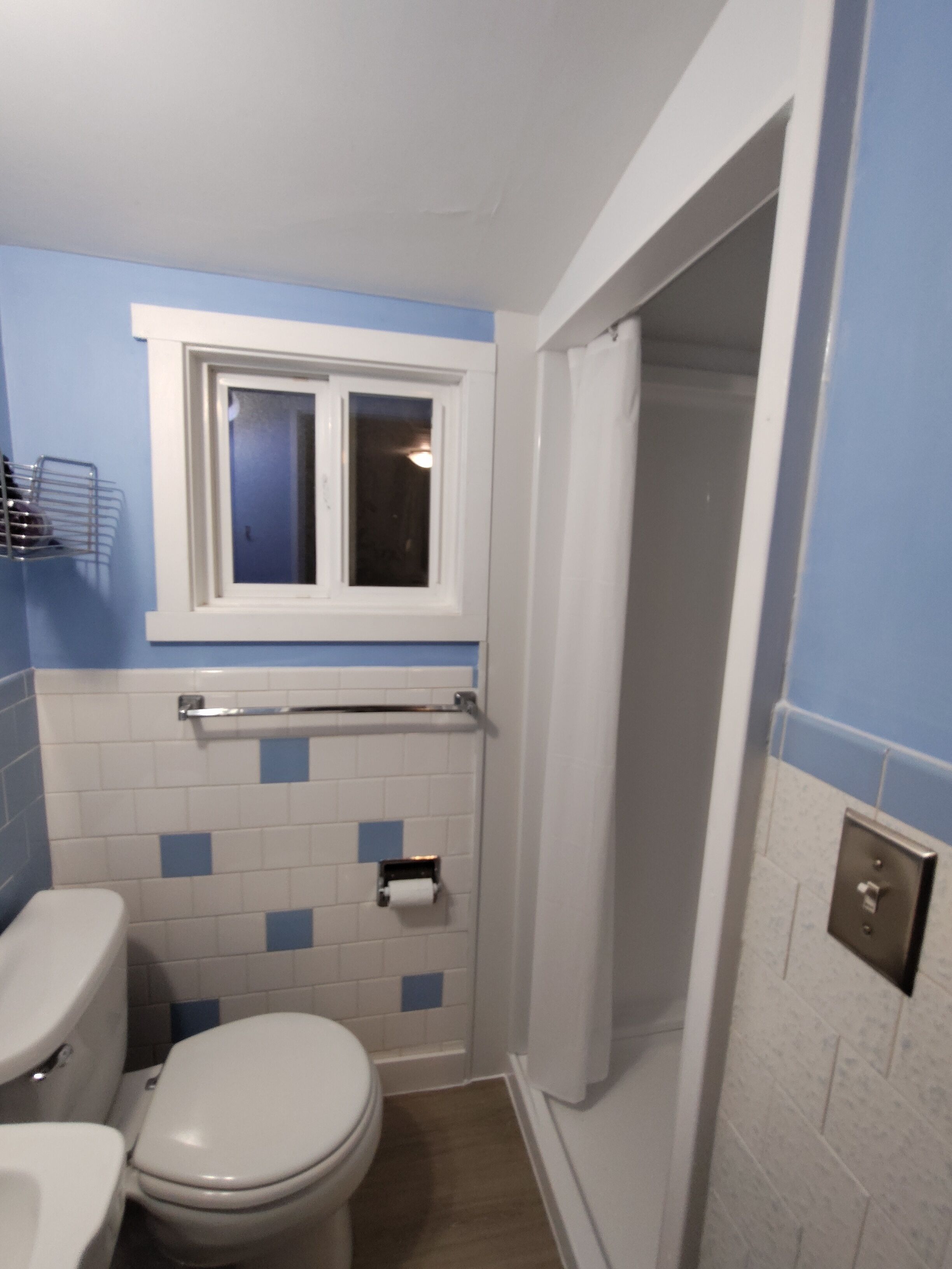 A bathroom with a toilet, a window, and a shower area.