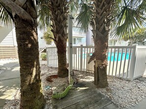 A wooden deck with a pool, surrounded by palm trees and a white fence.