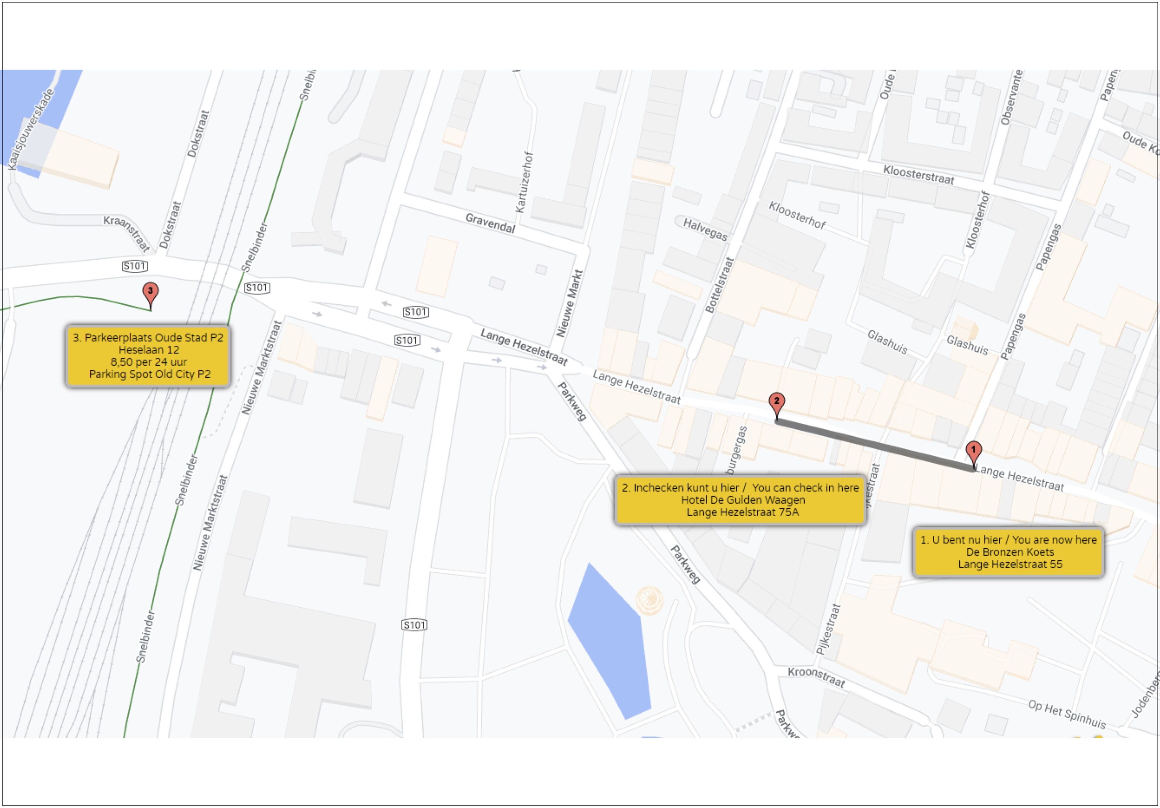 A map with three marked locations: a hotel on Lange Hezelstraat 55, a hotel on Lange Hezelstraat 75A, and a parking spot on Oude Stad P2.