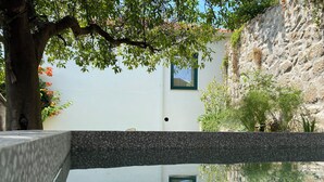A stone pool reflecting a building with a window and a tree with green leaves. - Feel Discovery Casa do Rio Douro Valley (Baiao)