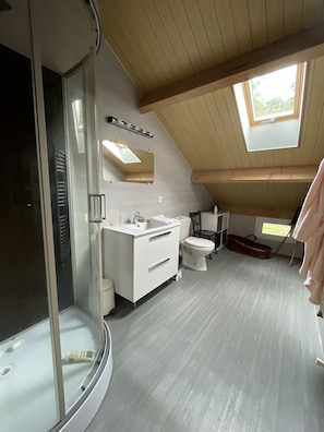Dusche, Haartrockner, Seife, Toilettenpapier
