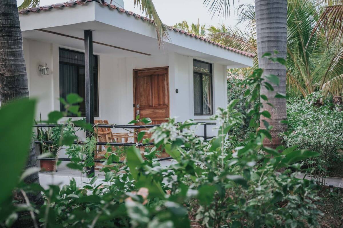 Un edificio blanco con puerta y ventanas de madera, rodeado de vegetación y una palmera.