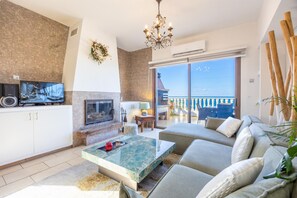 Télévision, cheminée, lecteur de DVD