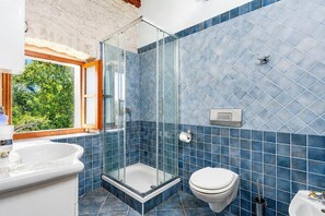 Un baño con ducha de vidrio, inodoro y lavamanos.