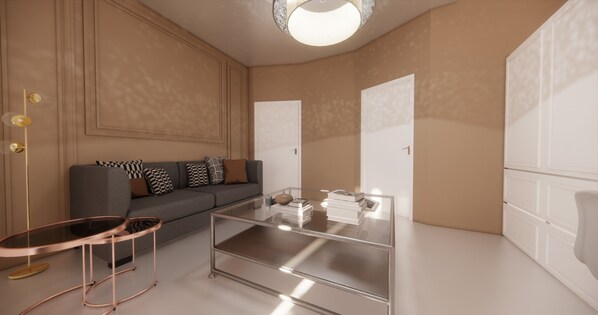 A modern living room with a grey sofa, patterned cushions, a glass coffee table, and a round side table. - CorsoVittorio87Suite (Cagliari)