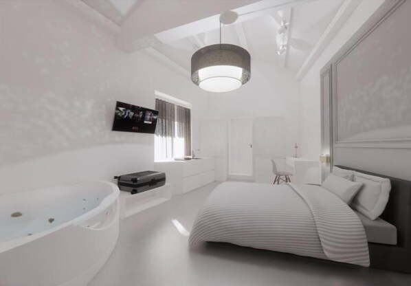 A modern bedroom with a large bed, a built-in bathtub, and a television on the wall. - CorsoVittorio87Suite (Cagliari)