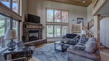 Luxury Chalet, 3 Bedrooms, Mountain View | Living room | 42-inch TV with cable channels, fireplace