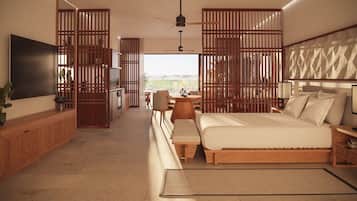 Un dormitorio moderno con una cama grande, un televisor, un escritorio y vistas al exterior.