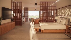 Ein modernes Schlafzimmer mit einem großen Bett, einem Fernseher, einem Schreibtisch und Blick ins Freie.