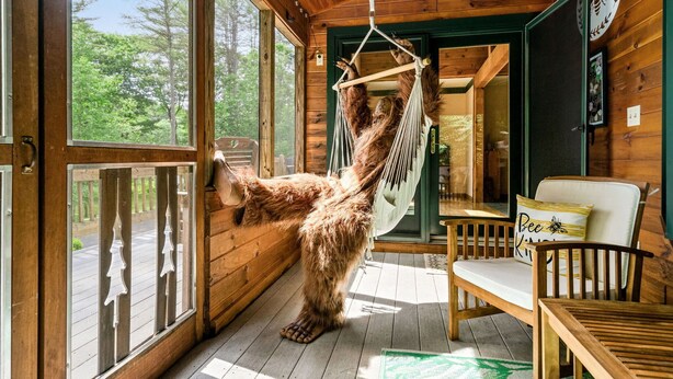 Ein Holzinnenraum mit einer Hängematte unter der Decke, einem Holzstuhl mit Kissen und Blick ins Freie durch große Fenster.
