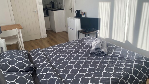 Une chambre avec un lit, une petite kitchenette et un téléviseur.