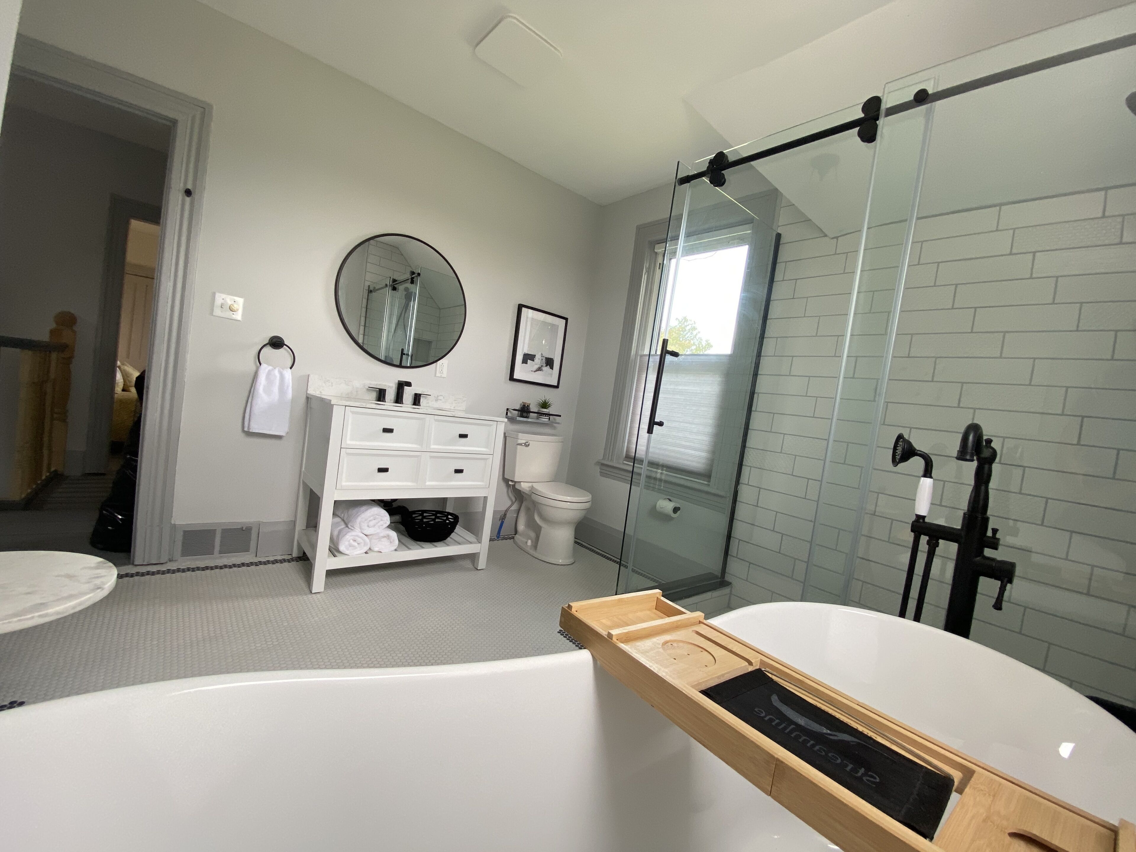 Shower, hair dryer, towels, soap