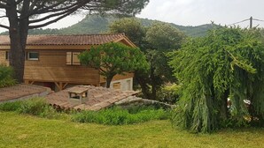 A wooden house with a tiled roof, surrounded by lush greenery and a weeping willow tree. - A l'ombre du chêne : Gîte Éden en Cévennes swimming pool, calm & nature at Anduze (Anduze)