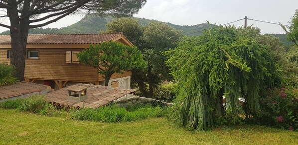 Ein hölzernes Haus mit Ziegeldach, umgeben von üppiger Vegetation und einer Trauerweide.