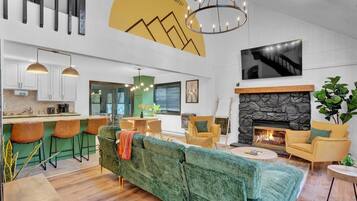 Smart TV, fireplace, table football