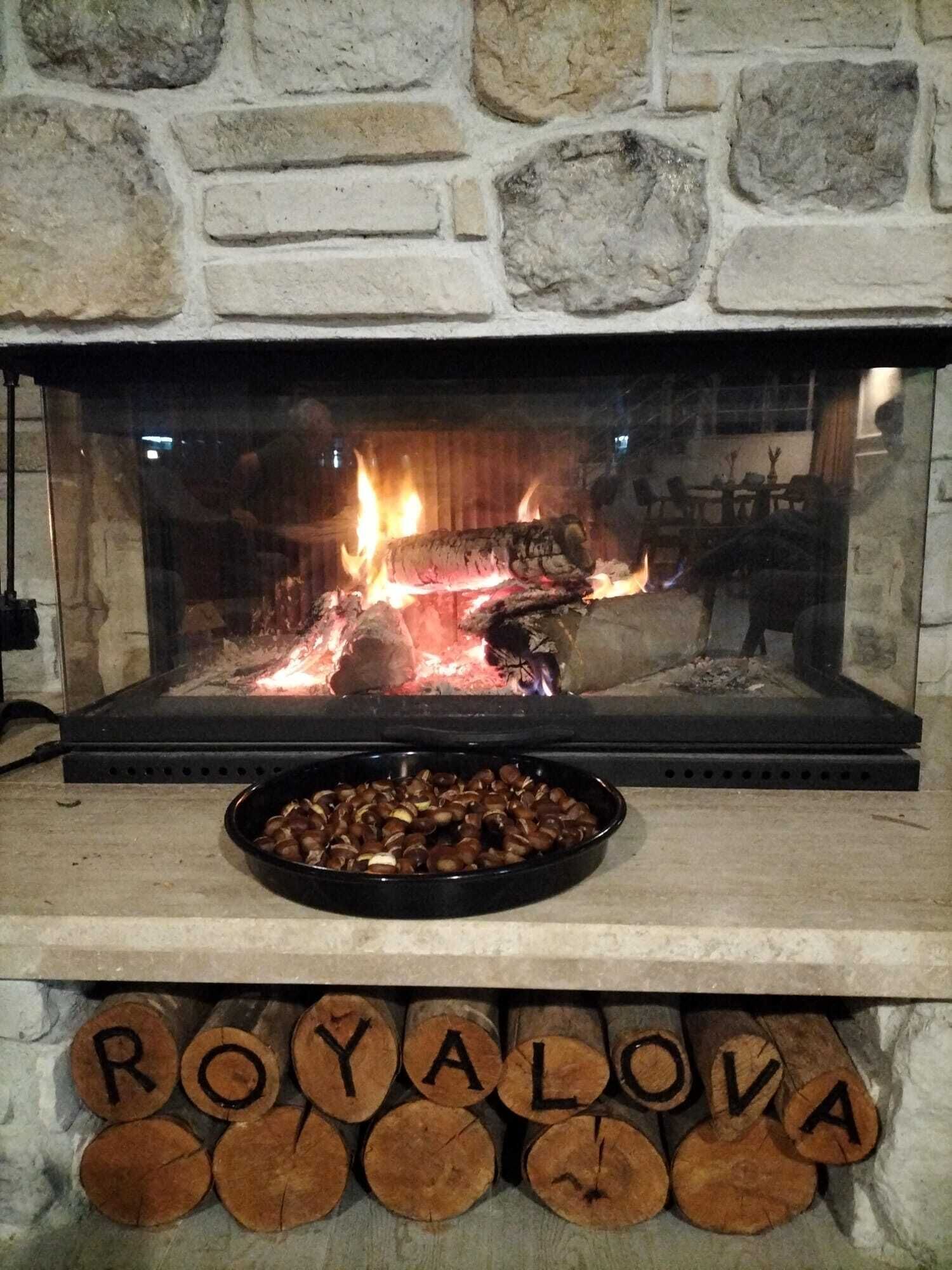 Une cheminée en pierre dans laquelle brûle un feu, un plateau noir rempli de châtaignes devant, et une pile de bûches étiquetées « ROYALOVA » en dessous.
