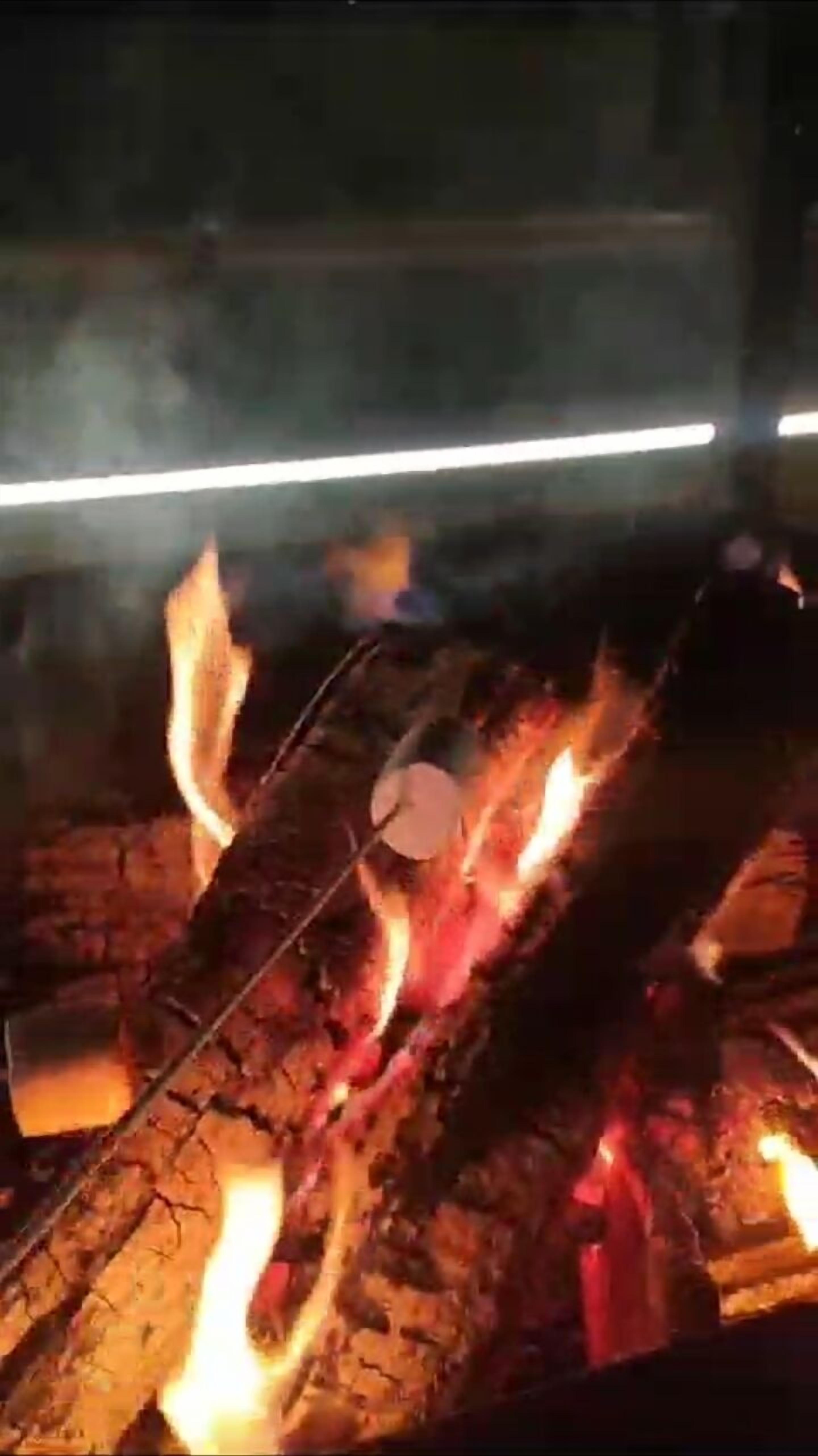 Primer plano de una parrilla con leña ardiendo y llamas.