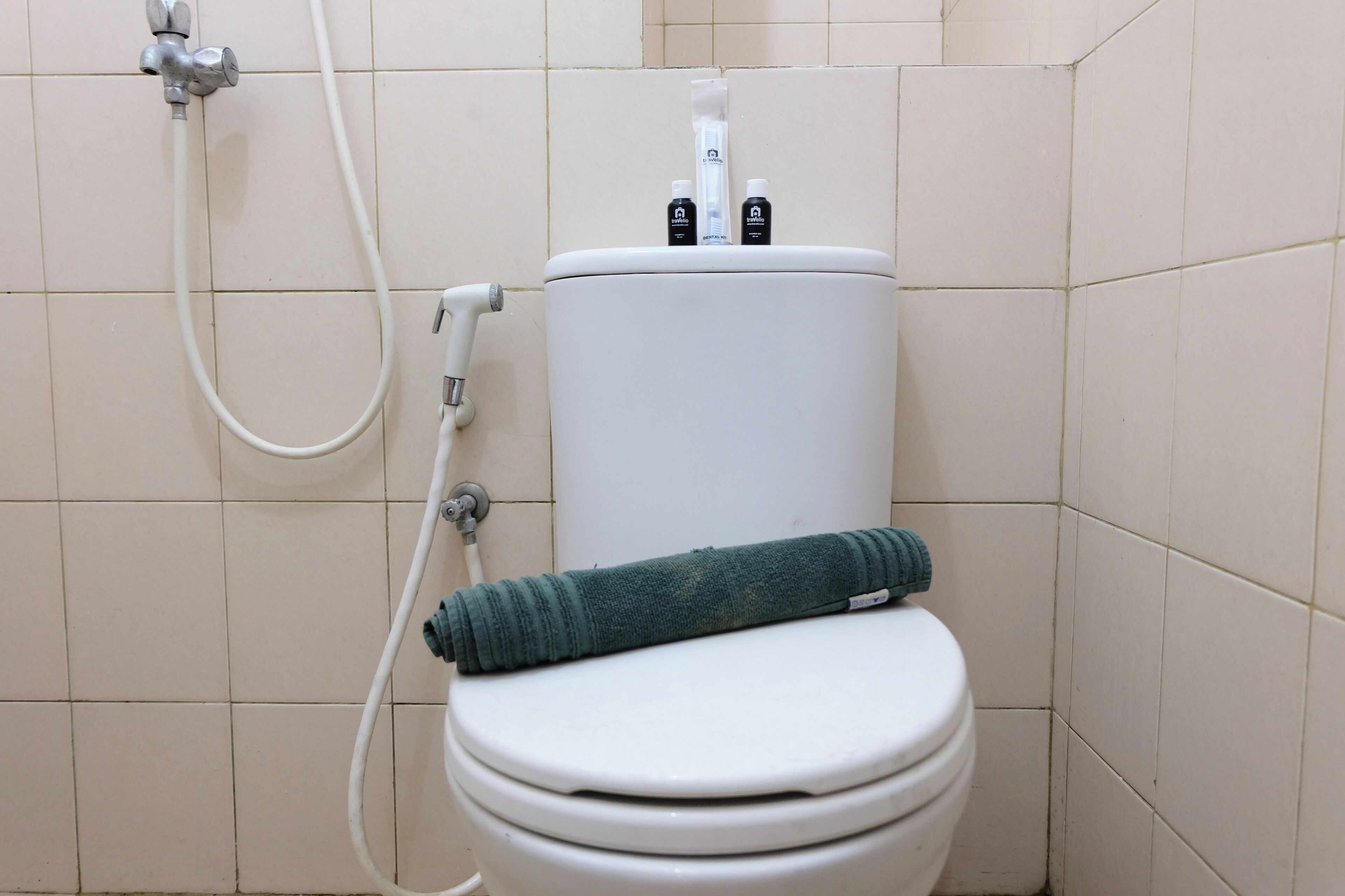 Des toilettes blanches, une serviette verte, un flexible de douche et deux flacons de produits de toilette posés sur le réservoir.