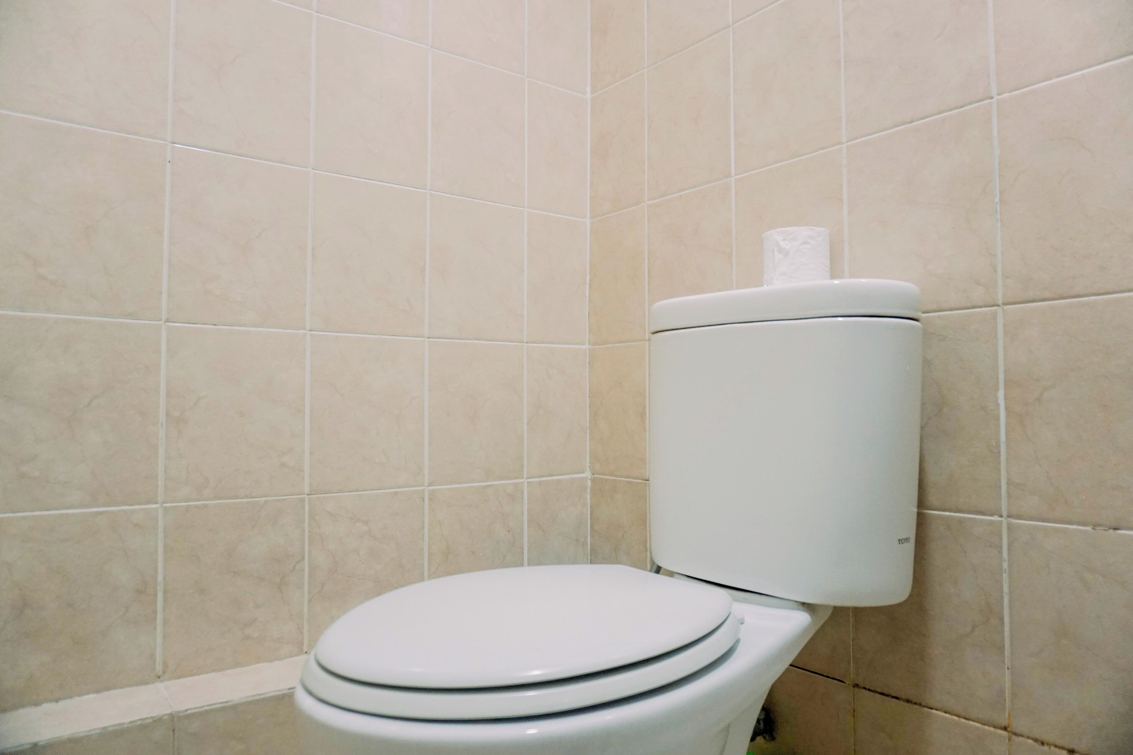 Une salle de bain avec des toilettes, des murs carrelés et un porte-rouleau de papier toilette.