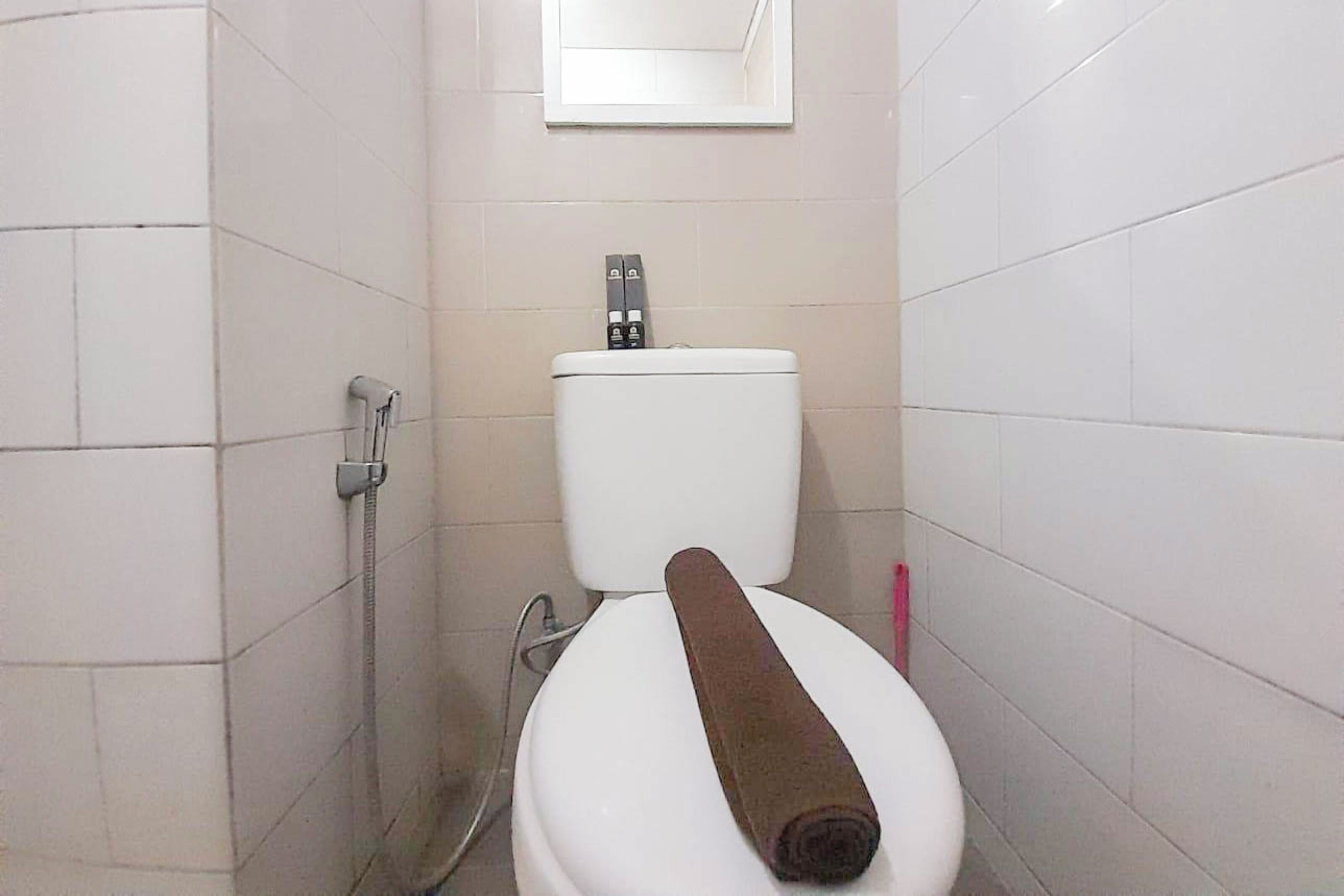 A bathroom with a white toilet, a shower, and a mirror on the wall.