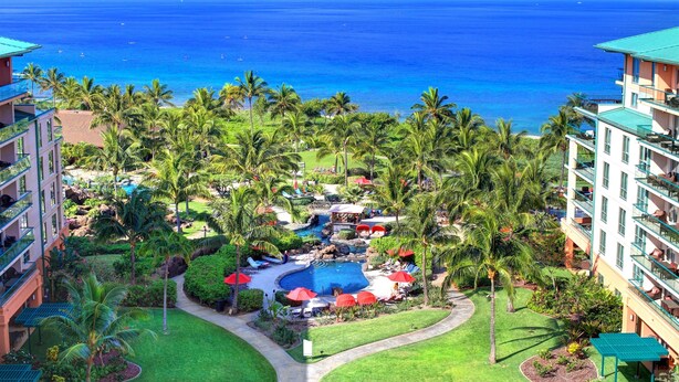 A resort with a pool area surrounded by palm trees, a view of the ocean, and multiple buildings with balconies.
