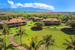A resort with multiple buildings, palm trees, and a view of mountains.