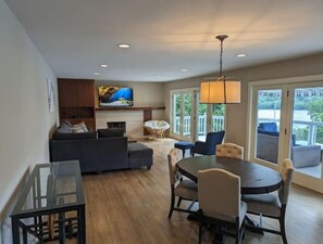 Smart TV, fireplace, video games, DVD player