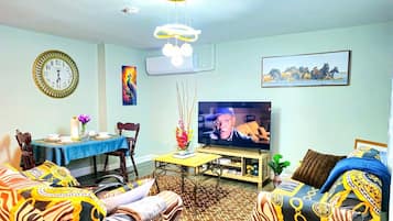 Smart TV, fireplace, books