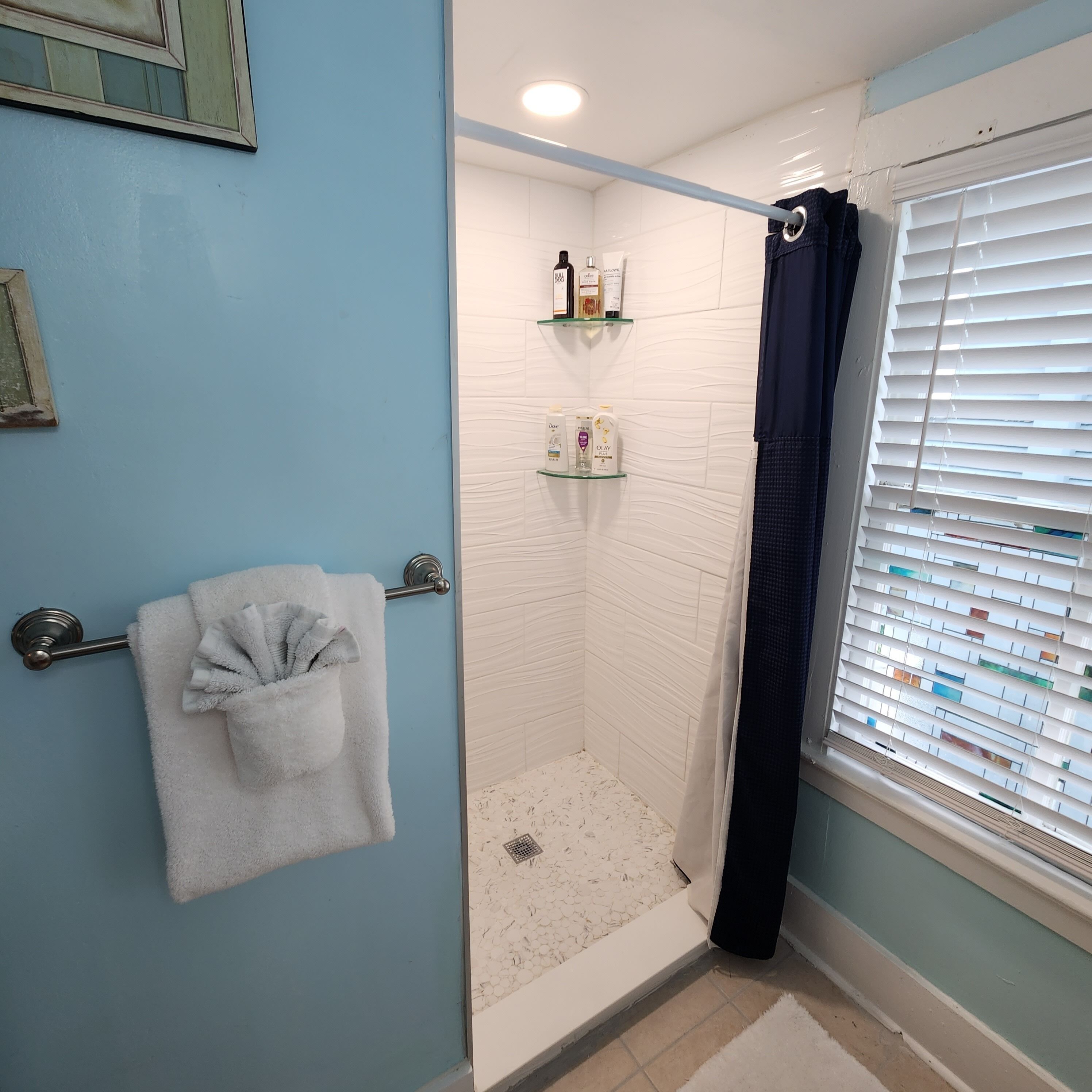 Hair dryer, towels, soap, shampoo