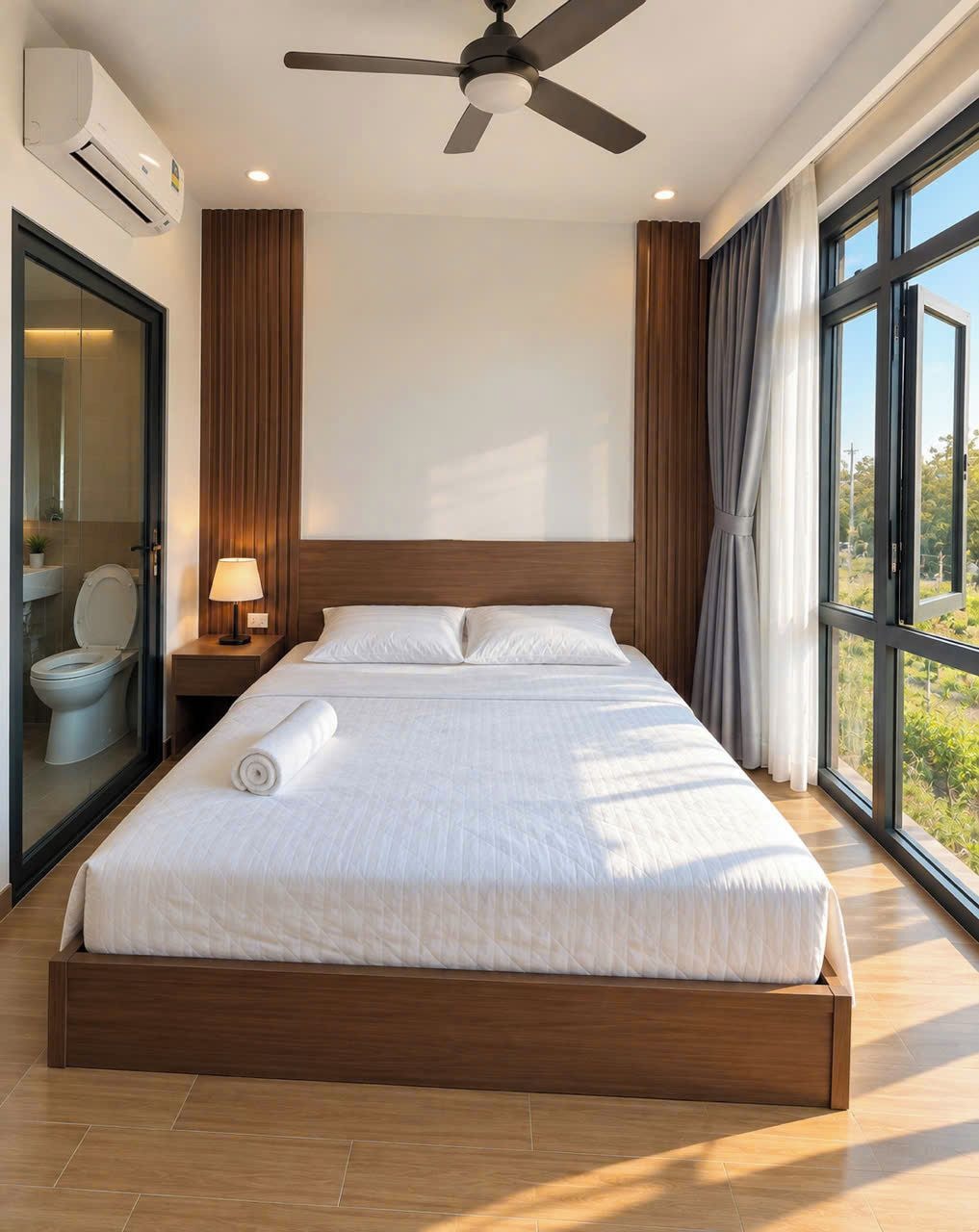 Habitación de hotel moderna con una cama grande, ventilador de techo, unidad de aire acondicionado, mesita de noche con lámpara, baño con inodoro y un amplio ventanal con vistas a zonas verdes.