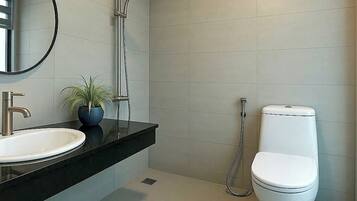 Een hydromassagedouche, designer toiletartikelen, een haardroger