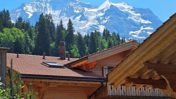 Eine Holzhütte mit geneigtem Dach, einem Schornstein und Blick auf einen schneebedeckten Berg.