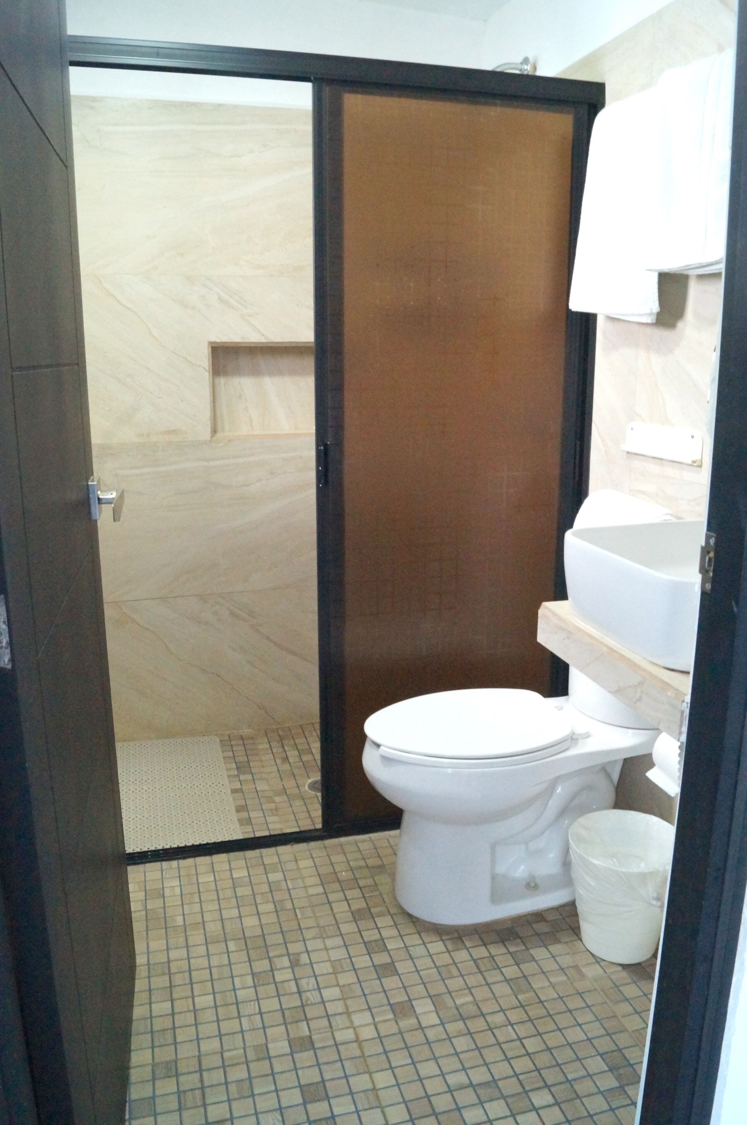 A bathroom with a toilet, a sink, and a shower area.